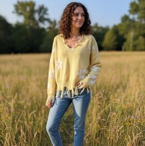 Polly & Esther Yellow V-Neck Sweater  Distressed Detailing